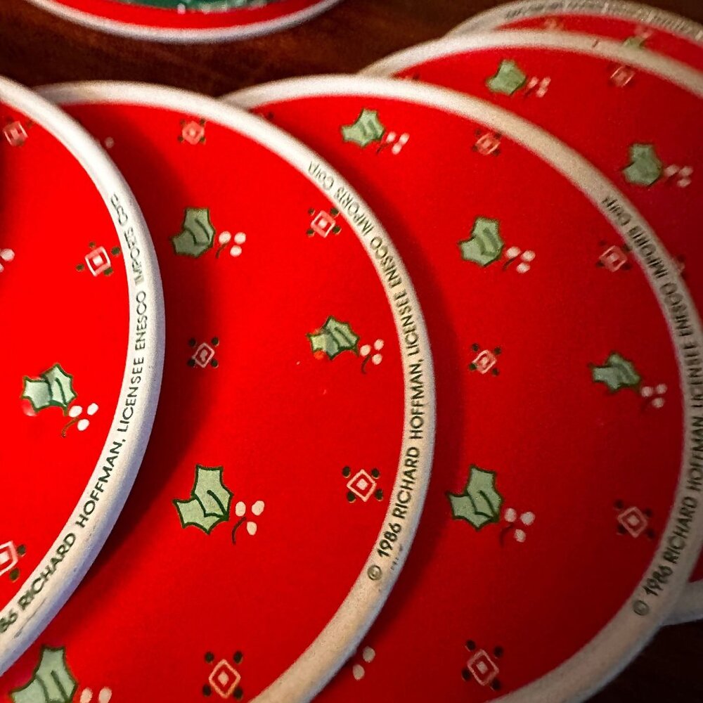 Vintage Enesco Christmas Coaster Set with Tin Holder Retro Holiday Drinkware - Picture 3 of 6